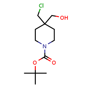 Chemical structure of tert-Butyl 4-(chloromethyl)-4-(hydroxymethyl)piperidine-1-carboxylate , CAS 1312131-45-5, AChemBlock AD257252