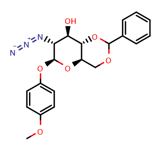 Chemical structure of 4-Methoxyphenyl 2-Azido-4,6-O-benzylidene-2-deoxy-beta-D-glucopyranoside , CAS 1430068-18-0, AChemBlock AD257309