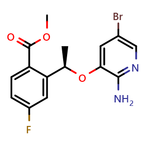 Chemical structure of Methyl(R)-2-(1-((2-amino-5-bromopyridin-3-yl)oxy)ethyl)-4-fluorobenzoate , CAS 1454848-00-0, AChemBlock AD257324