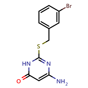 Chemical structure of 6-Amino-2-{[(3-bromophenyl)methyl]sulfanyl}-3,4-dihydropyrimidin-4-one , CAS 166751-41-3, AChemBlock AD257377