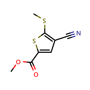 Chemical structure of 4-Cyano-5-methylsulfanylthiophene-2-carboxylic acid methyl ester , CAS 175202-48-9, AChemBlock AD257394