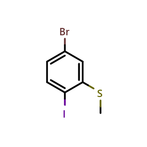 Chemical structure of (5-Bromo-2-iodophenyl)(methyl)sulfane , CAS 1824602-11-0, AChemBlock AD257430