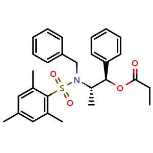 Chemical structure of (1R,2S)-2-(N-Benzyl-2,4,6-trimethylphenylsulfonamido)-1-phenylpropyl propionate , CAS 187324-66-9, AChemBlock AD257437