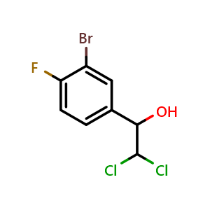 Chemical structure of 1-(3-Bromo-4-fluorophenyl)-2,2-dichloroethanol , CAS 2071258-16-5, AChemBlock AD257479