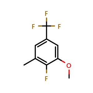 Chemical structure of 2-Fluoro-1-methoxy-3-methyl-5-(trifluoromethyl)benzene , CAS 2383384-61-8, AChemBlock AD257542