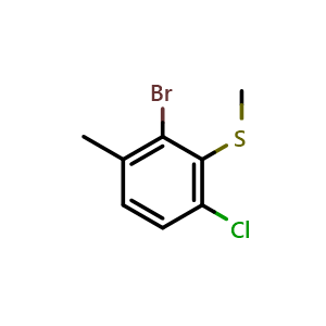 Chemical structure of (2-Bromo-6-chloro-3-methylphenyl)(methyl)sulfane , CAS 2635937-31-2, AChemBlock AD257597