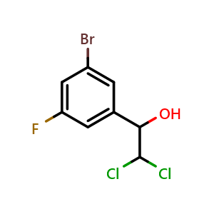 Chemical structure of 1-(3-Bromo-5-fluorophenyl)-2,2-dichloroethanol , CAS 2734778-62-0, AChemBlock AD257667