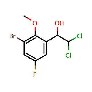 Chemical structure of 1-(3-Bromo-5-fluoro-2-methoxyphenyl)-2,2-dichloroethanol , CAS 2755719-03-8, AChemBlock AD257693