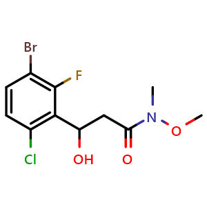 Chemical structure of 3-(3-Bromo-6-chloro-2-fluorophenyl)-3-hydroxy-N-methoxy-N-methylpropanamide , CAS 2755719-46-9, AChemBlock AD257696