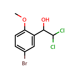 Chemical structure of 1-(5-Bromo-2-methoxyphenyl)-2,2-dichloroethanol , CAS 2764733-28-8, AChemBlock AD257721