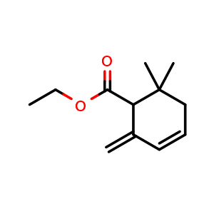 Chemical structure of Ethyl 6,6-dimethyl-2-methylidenecyclohex-3-ene-1-carboxylate , CAS 35044-58-7, AChemBlock AD257793