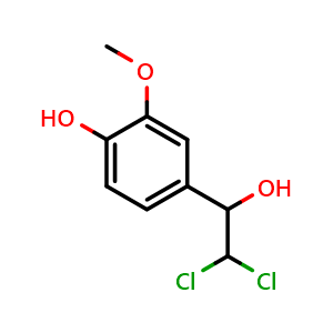 Chemical structure of 4-(2,2-Dichloro-1-hydroxyethyl)-2-methoxyphenol , CAS 61693-73-0, AChemBlock AD257997
