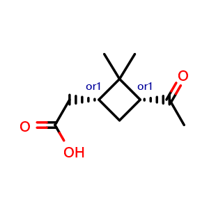 Chemical structure of rel-2-((1R,3R)-3-acetyl-2,2-dimethylcyclobutyl)acetic acid , CAS 61826-55-9, AChemBlock AD258000