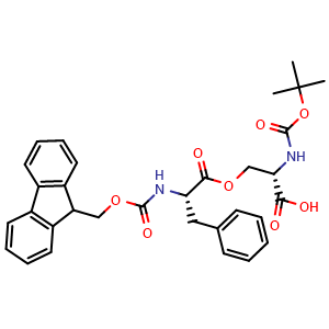 Chemical structure of (2S)-2-{[(tert-butoxy)carbonyl]amino}-3-{[(2S)-2-({[(9H-fluoren-9-yl)methoxy]carbonyl}amino)-3-phenylpropanoyl]oxy}propanoic acid , CAS 944283-23-2, AChemBlock AD258220