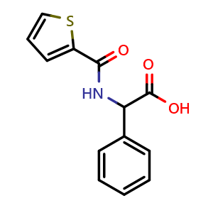 Chemical structure of 2-Phenyl-2-(thiophen-2-ylformamido)acetic acid , CAS 1008670-87-8, AChemBlock AD258245