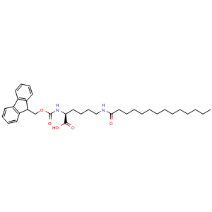 Chemical structure of (2S)-2-({[(9H-fluoren-9-yl)methoxy]carbonyl}amino)-6-tetradecanamidohexanoic acid , CAS 1128181-23-6, AChemBlock AD258339