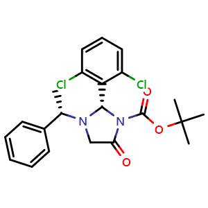 Chemical structure of tert-Butyl (S)-2-(2,6-Dichlorophenyl)-5-oxo-3-[(S)-1-phenylethyl]imidazolidine-1-carboxylate , CAS 1149765-08-1, AChemBlock AD258354