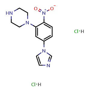 Chemical structure of 1-(5-(1H-Imidazol-1-yl)-2-nitrophenyl)piperazine dihydrochloride , CAS 1177093-15-0, AChemBlock AD258371