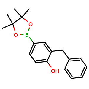 Chemical structure of 2-Benzyl-4-(4,4,5,5-tetramethyl-1,3,2-dioxaborolan-2-yl)phenol , CAS 1188335-74-1, AChemBlock AD258388