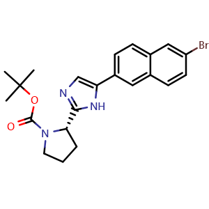 Chemical structure of (S)-tert-Butyl2-(5-(6-bromonaphthalen-2-yl)-1H-imidazol-2-yl)pyrrolidine-1-carboxylate , CAS 1228551-96-9, AChemBlock AD258436