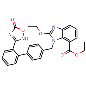 Chemical structure of Ethyl 2-ethoxy-1-((2'-(5-oxo-2,5-dihydro-1,2,4-oxadiazol-3-yl)-[1,1'-biphenyl]-4-yl)methyl)-1H-benzo[d]imidazole-7-carboxylate , CAS 1403474-70-3, AChemBlock AD258601