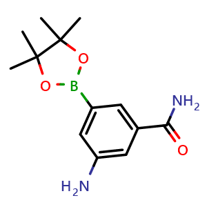 Chemical structure of 3-Amino-5-(4,4,5,5-tetramethyl-1,3,2-dioxaborolan-2-yl)benzamide , CAS 1418130-37-6, AChemBlock AD258612