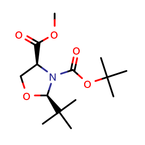 Chemical structure of Methyl (2R,4S)-3-Boc-2-(tert-butyl)oxazolidine-4-carboxylate , CAS 145625-08-7, AChemBlock AD258635