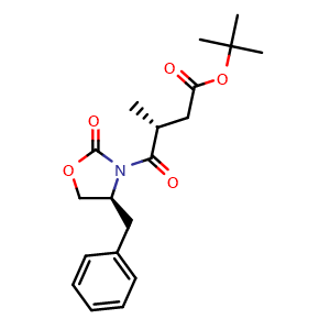 Chemical structure of tert-Butyl(R)-4-((S)-4-benzyl-2-oxooxazolidin-3-yl)-3-methyl-4-oxobutanoate , CAS 202874-73-5, AChemBlock AD258918