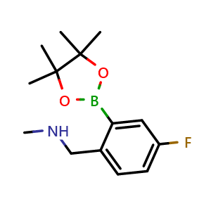 Chemical structure of 1-(4-Fluoro-2-(4,4,5,5-tetramethyl-1,3,2-dioxaborolan-2-yl)phenyl)-N-methylmethanamine , CAS 2096334-69-7, AChemBlock AD258947