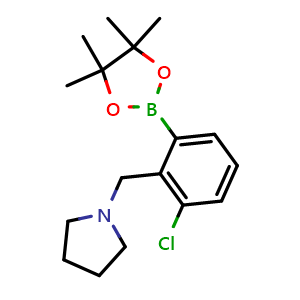 Chemical structure of 1-(2-Chloro-6-(4,4,5,5-tetramethyl-1,3,2-dioxaborolan-2-yl)benzyl)pyrrolidine , CAS 2096341-78-3, AChemBlock AD258948
