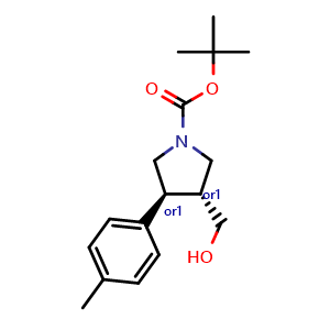 Chemical structure of tert-Butyl trans-3-(hydroxymethyl)-4-(p-tolyl)pyrrolidine-1-carboxylate , CAS 2173052-28-1, AChemBlock AD258970