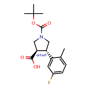 Chemical structure of trans-1-(tert-butoxycarbonyl)-4-(5-fluoro-2-methylphenyl)pyrrolidine-3-carboxylic acid , CAS 2227905-44-2, AChemBlock AD258993