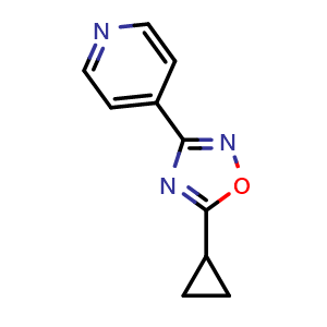 Chemical structure of 5-cyclopropyl-3-(pyridin-4-yl)-1,2,4-oxadiazole , CAS 22926-67-6, AChemBlock AD259012