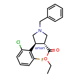 Chemical structure of Ethyl trans-1-benzyl-4-(2-chloro-6-fluorophenyl)pyrrolidine-3-carboxylate , CAS 2327184-32-5, AChemBlock AD259018