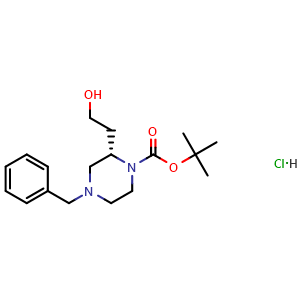 Chemical structure of tert-Butyl(S)-4-benzyl-2-(2-hydroxyethyl)piperazine-1-carboxylatehydrochloride , CAS 2453297-16-8, AChemBlock AD259059