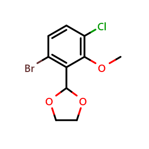 Chemical structure of 2-(6-Bromo-3-chloro-2-methoxyphenyl)-1,3-dioxolane , CAS 2918931-20-9, AChemBlock AD259242