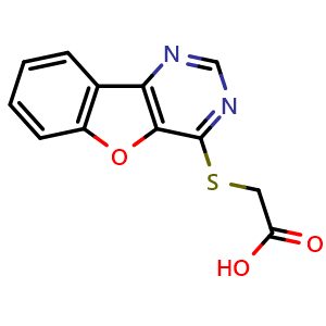 Chemical structure of 2-{8-Oxa-3,5-diazatricyclo[7.4.0.0,2,7]trideca-1(9),2(7),3,5,10,12-hexaen-6-ylsulfanyl}acetic acid , CAS 304861-66-3, AChemBlock AD259258