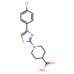Chemical structure of 1-[4-(4-chlorophenyl)-1,3-thiazol-2-yl]piperidine-4-carboxylic acid , CAS 345990-26-3, AChemBlock AD259309