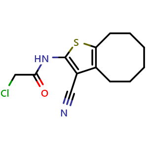 Chemical structure of 2-Chloro-N-(3-cyano-4,5,6,7,8,9-hexahydrocycloocta[b]thien-2-yl)acetamide , CAS 351013-93-9, AChemBlock AD259315