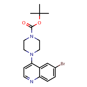 Chemical structure of tert-Butyl 4-(6-bromoquinolin-4-yl)piperazine-1-carboxylate , CAS 474707-23-8, AChemBlock AD259421