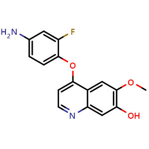 Chemical structure of 4-(4-Amino-2-fluorophenoxy)-6-methoxyquinolin-7-ol , CAS 479690-24-9, AChemBlock AD259426