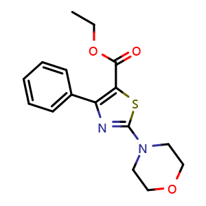 Chemical structure of 2-Morpholin-4-yl-4-phenyl-thiazole-5-carboxylic acid ethyl ester , CAS 55040-86-3, AChemBlock AD259493