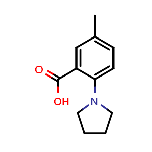 Chemical structure of 5-Methyl-2-(pyrrolidin-1-yl)benzoic acid , CAS 689142-42-5, AChemBlock AD259624