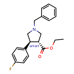 Chemical structure of ethyl trans-1-benzyl-4-(4-fluorophenyl)pyrrolidine-3-carboxylate , CAS 874990-58-6, AChemBlock AD259800