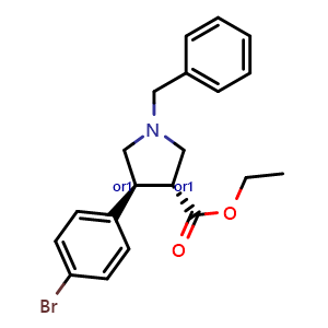 Chemical structure of ethyl trans-1-benzyl-4-(4-bromophenyl)pyrrolidine-3-carboxylate , CAS 885959-02-4, AChemBlock AD259812