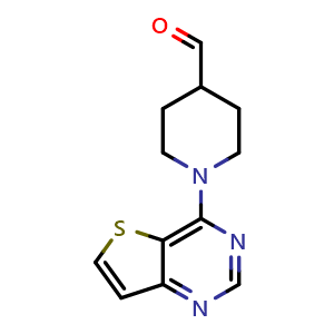 Chemical structure of 1-(Thieno[3,2-d]pyrimidin-4-yl)piperidine-4-carboxaldehyde , CAS 916766-91-1, AChemBlock AD259871