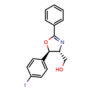 Chemical structure of ((4R,5R)-5-(4-Iodophenyl)-2-phenyl-4,5-dihydrooxazol-4-yl)methanol , CAS 927689-68-7, AChemBlock AD259882