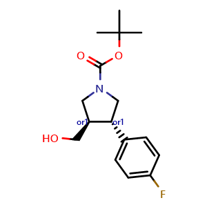 Chemical structure of tert-Butyl trans-3-(4-fluorophenyl)-4-(hydroxymethyl)pyrrolidine-1-carboxylate , CAS 939823-88-8, AChemBlock AD259900
