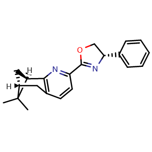 Chemical structure of (S)-2-((6R,8R)-7,7-Dimethyl-5,6,7,8-tetrahydro-6,8-methanoquinolin-2-yl)-4-phenyl-4,5-dihydrooxazole , CAS 1027754-31-9, AChemBlock AD259946