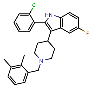 Chemical structure of 2-(2-Chlorophenyl)-3-(1-(2,3-dimethylbenzyl)piperidin-4-yl)-5-fluoro-1H-indole , CAS 1199797-92-6, AChemBlock AD259973